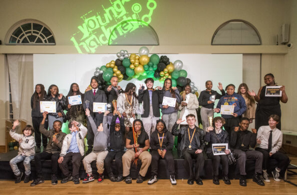 Smiling group shot of young people at Hackney Youth Awards