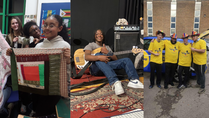 A collage of three images: the first on the left shows three girls holding up a sewing project, the one in the middle is a boy holding a bass while sitting on the floor and the one on the right is four young men dressed in yellow tshirts and smiling