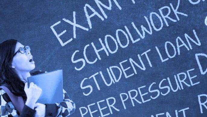 Stressed student having many problems in a classroom